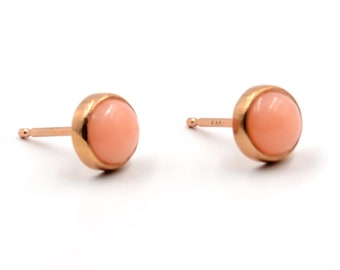 Natural Coral Stud Earrings Bezel Set in 14k Rose Gold, Coral Gemstone Earrings,  Minimalist Jewelry, Gift for Women