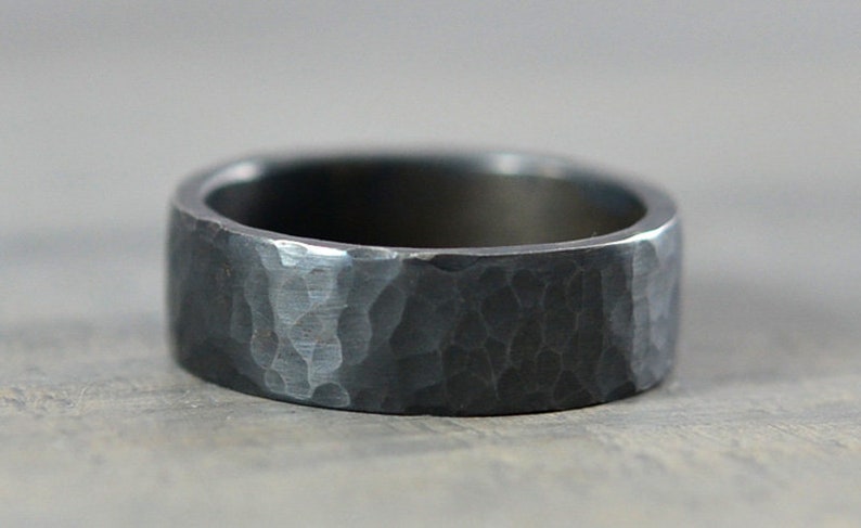 His and Hers Sterling Silver Wedding Bands, 7mm Hammered Sterling Silver Ring Band and 3mm Black Diamond Patterned Ring Band image 5