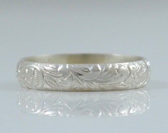 Floral Sterling Silver Wedding Band – Handmade Anniversary Ring