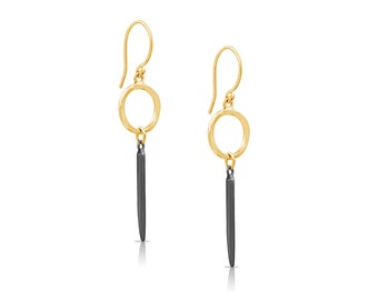 Black and Gold Drop Spike Earrings, 14k Yellow Gold Circle Earrings with Black Sterling Silver Spikes