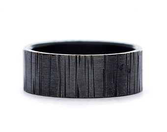 7mm Mens Black Wedding Band in Sterling Silver - Black Tree Bark Ring - Handmade Forged Wedding Bands for Men - Great Gifts for Guys