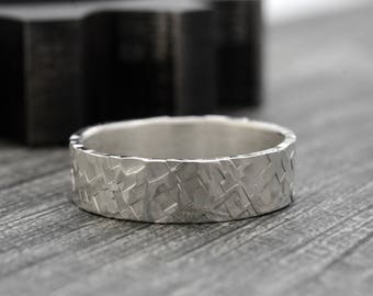 Recycled Mens Wedding Ring in Sterling Silver 6mm Hammered Wedding Band Rustic Wedding Rings for Men