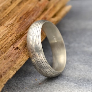 Half Round Ring for Men, Unique 6mm Wide Sterling Silver Wedding Band with Bark Texture, Nature Jewelry