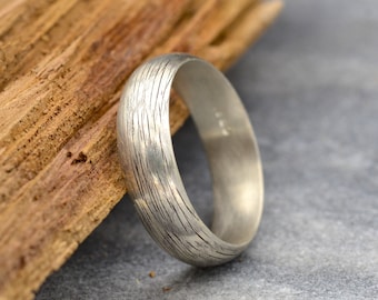 Half Round Ring for Men, Unique 6mm Wide Sterling Silver Wedding Band with Bark Texture, Nature Jewelry