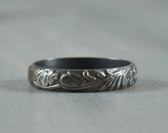 Black Wedding Band for Men or Women - Oxidized Sterling Silver Floral Wedding Ring - Made in your size