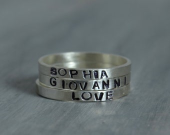 Personalized Stacking Rings - Hand Stamped Sterling Silver Name Date Initial Ring