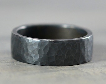 7mm Hammered Men's Sterling Silver Wedding Band, Oxidized Texture Ring