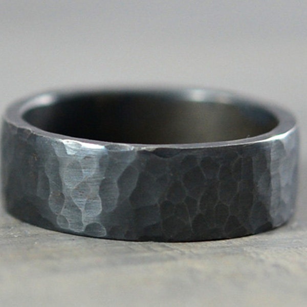 Hammered Mens Wedding Band Ring in Sterling Silver, 7mm Hammered Silver Ring, Textured and Oxidized Sterling Silver Ring for Men - Handmade