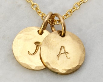 14k Gold Initial Pendant, Hand Stamped Monogram Charm