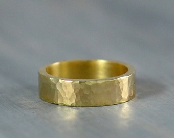 Eco Friendly Gold Ring - Men's Wedding Band, 5mm Hammered Rustic Ring Wedding Bands for Men