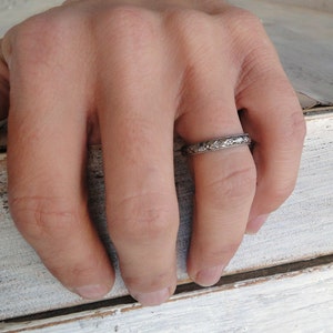 His and Hers Sterling Silver Wedding Bands, 7mm Hammered Sterling Silver Ring Band and 3mm Black Diamond Patterned Ring Band image 4