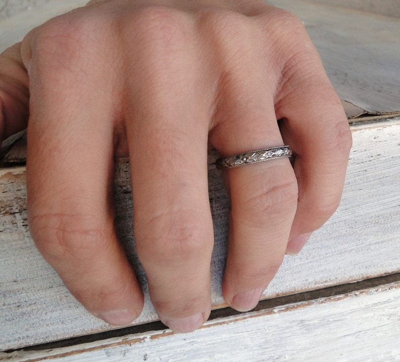 His and Hers Sterling Silver Wedding Bands, 7mm Hammered Sterling Silver Ring Band and 3mm Black Diamond Patterned Ring Band image 4