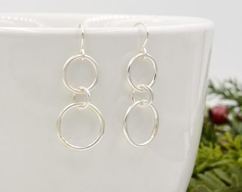 Dangle Earrings in Sterling Silver, Mini Circle Earrings, Silver Drop Earrings, Gifts for Her