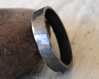 Black Wedding Ring, Hammered Sterling Silver Ring for Men or Women - Textured Rustic Wide Ring Band - Wedding Band Made in your size