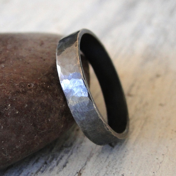 Black Wedding Ring, Hammered Sterling Silver Ring for Men or Women - Textured Rustic Wide Ring Band - Wedding Band Made in your size