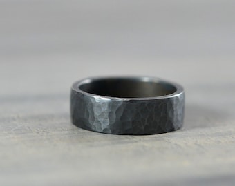 Sterling Silver Mens Wedding Bands - Hammered Ring - 7mm Textured and Oxidized Sterling Silver Band - Handmade Wedding Ring for Men