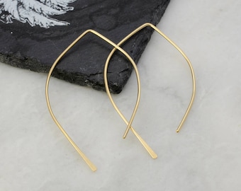 Gold Open Hoop Earrings- Wishbone Earrings - Threader Earrings - 14K Rose Gold Hoops - Yellow Gold Hoops Dangle Earrings