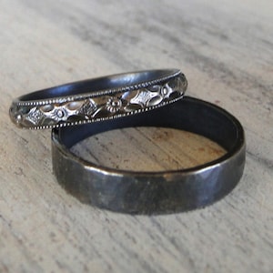 Sterling Silver Rings His and Hers Wedding Rings Black Diamond Patterned Ring Band and Hammered Sterling Silver Ring Band image 1