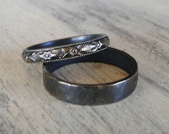 Sterling Silver Rings His and Hers Wedding Rings Black Diamond Patterned Ring Band and Hammered Sterling Silver Ring Band