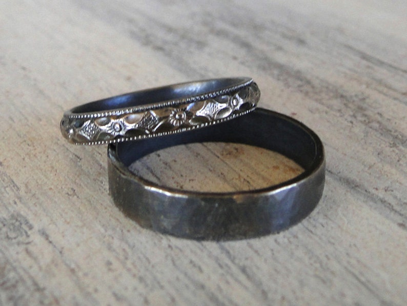 Hammered Sterling Silver Black Men's Ring, Woman's Black Diamond Patterned Sterling Silver Ring Band, Matching Rings for Couples image 1