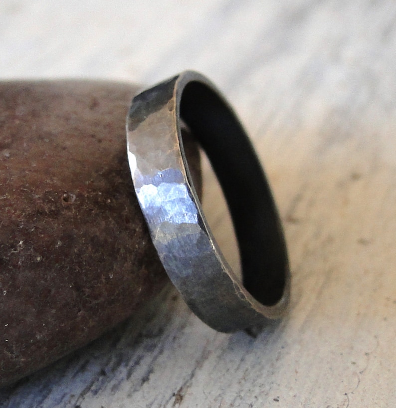 Hammered Sterling Silver Black Men's Ring, Woman's Black Diamond Patterned Sterling Silver Ring Band, Matching Rings for Couples image 5