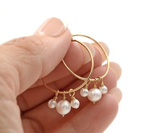 Pearl Hoop Earrings in 14K Gold, Tarnish Resistant Freshwater Pearl Earrings, Bride Earrings, Bridesmaid Gifts