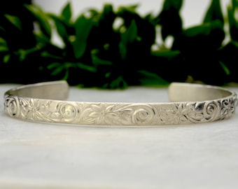 Silver Cuff Bracelet - Sterling Silver Bracelet - Wide Cuff Bracelets for Women Floral Pattern
