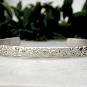 Silver Cuff Bracelet - Sterling Silver Bracelet - Wide Cuff Bracelets for Women Floral Pattern