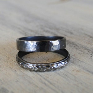 Sterling Silver Rings His and Hers Wedding Rings Black Diamond Patterned Ring Band and Hammered Sterling Silver Ring Band image 2