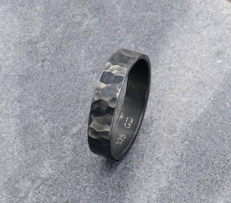 Unique Men's Ring / 5mm Wedding Band / Mens Oxidized Sterling Silver Hammered Ring / Engagement Ring / Personalized Gifts for Him image 1