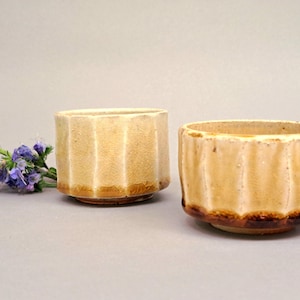 Puede incluir: Dos cuencos de cerámica beige con un diseño acanalado. Los cuencos tienen una superficie texturizada y una base marrón oscuro. Una ramita de flores moradas está a la izquierda de los cuencos. Los cuencos son probablemente para servir comida o como elementos decorativos.