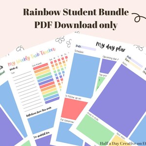 Puede incluir: Un paquete de cuatro plantillas imprimibles para estudiantes, que incluyen notas de clase, un rastreador de tareas semanal y un planificador diario. Las plantillas presentan colores pastel y un tema de arcoíris, con el texto "Rainbow Student Bundle PDF Download only."