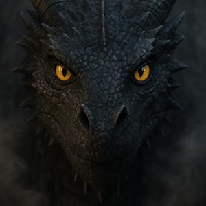 May include: A close-up of a dragon's head, featuring dark blue scales and piercing yellow eyes. The dragon has sharp horns and a textured snout. The image is set against a dark, smoky background, creating a dramatic effect.