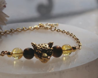 Tiger's eye and citrine bracelet, Leopard central bead, natural stone bracelet, EU-grade gold-plated steel