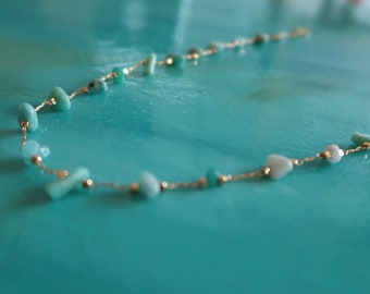 Amazonite stone necklace or choker, gold. Gemstone soothing. Heart & throat chakras. Adjustable.