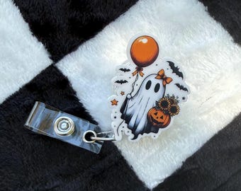 Halloween Retractable Badge Reel, Cute Ghost ID Badge, Spooky Halloween Badge Holder, Ghost Acrylic Pin