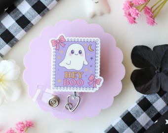 Portatarjetas retráctil Hey Boo, Portatarjetas retráctil de Halloween adorable, Portatarjetas de identificación de fantasma, Portatarjetas espeluznante, Accesorios para credenciales de enfermera