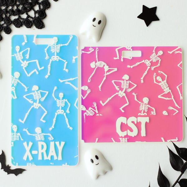 Personalized Halloween Badge Buddy, Spooky Badge Buddy, Dancing Skeleton Badge ID Holder, Iridescent Badge Buddy