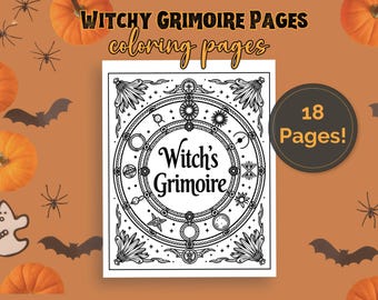 Könnte beinhalten: Ein schwarz-weißes Malbuch mit dem Titel "Witch's Grimoire" mit komplizierten kreisförmigen Designs. Das Cover zeigt den Text "Witchy Grimoire Pages coloring pages" und "18 Pages!" auf einem orangefarbenen Halloween-Hintergrund mit Kürbissen, Fledermäusen, Spinnen und einem Geist.