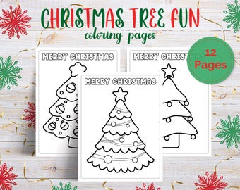 May include: Three Christmas-themed coloring pages with black outlines of Christmas trees and the text "MERRY CHRISTMAS". The words "CHRISTMAS TREE FUN coloring pages" are at the top. A green circle reads "12 Pages".