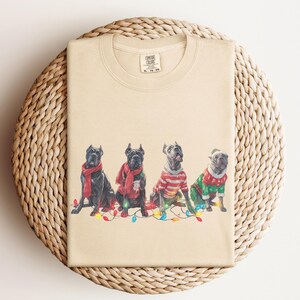 May include: Cream-colored t-shirt featuring four dogs dressed in festive holiday attire. The dogs are wearing scarves, sweaters, and a hat, and are surrounded by colorful string lights. The shirt has a tag that says "COMFORT COLORS".