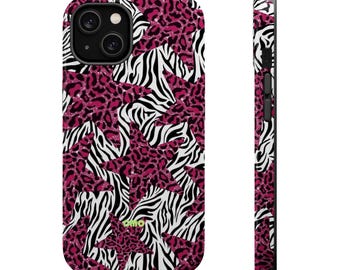 Rosa leopard- och zebramönster för mobilen | Magnetiskt stöttåligt fodral