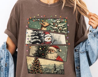 Retro Christmas Comfort Colors® Shirt – Vintage Holiday Shirt, Santa Claus Shirt, Snowman and Christmas Tree Shirt, Merry Christmas Gift