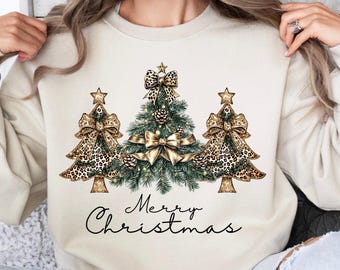 Merry Christmas Shirt, Leopard Christmas Tree Sweatshirt, Coquette Bow Xmas Shirt, Leopard Tree Shirt, Cute Xmas Woman Shirt, Christmas Gift