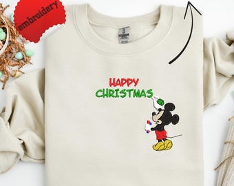 Embroidered Happy Christmas sweatshirt, Mickey Merry Christmas,  Mickey sweatshirt, Christmas sweatshirt, Christmas Embroidery, Embroidery