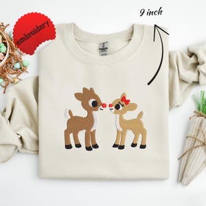 Embroidered Rudolph and Clarice Sweatshirt, Retro Crewneck Sweater, Vintage Reindeer Embroidery Christmas Shirts, Xmas Matching Couples