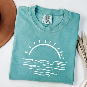 Minimalist Sun & Waves Graphic Tee: Comfort Colors Coastal Shirt