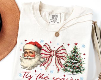 Tis The Season Shirt, Vintage Santa Bow Tree Tee, Retro Christmas Graphic, Holiday Gift