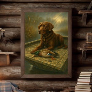 Vintage Hunting Dog Wall Art   Chocolate Lab with Mallard Duck Print, Rustic Cabin Decor, Outdoor Sportsman Gift, 20x30 Poster
