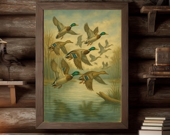 Vintage Duck Print, Mallard Duck Wall Art, Flying Ducks Painting, Rustic Cabin Decor